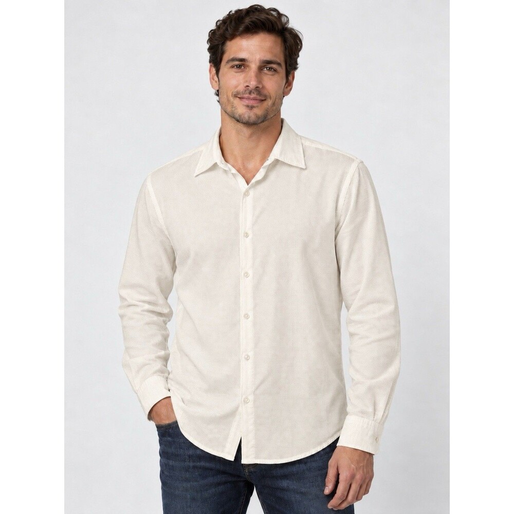 BOSS Hugo Boss Men’s Cream Micro Pattern Textured Long Sleeve Button Up Shirt  D
